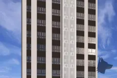 Perspectiva da torre do Bella Sintra Residence em render 3D com fachada escura e branca — Bella Sintra Residence em Estreito, Florianópolis