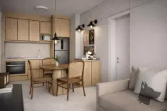 Sala de estar e jantar integrada à cozinha, decoração em madeira natural e tons neutros — Bella Sintra Residence em Estreito, Florianópolis
