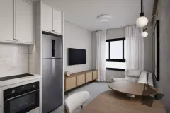 Sala de estar integrada à cozinha com geladeira, TV em rack de palha e mesa de jantar redonda — Bella Sintra Residence em Estreito, Florianópolis