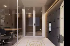 Hall de entrada com armários inteligentes para encomendas, piso com logotipo e coworking à esquerda — Bella Sintra Residence em Estreito, Florianópolis