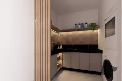 Lavanderia privativa com bancada preta, azulejos em relevo, prateleira e máquina de lavar — Bella Sintra Residence em Estreito, Florianópolis