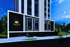 Perspectiva da fachada lateral do Bella Sintra Residence com logotipo e jardim ao entardecer — Bella Sintra Residence em Estreito, Florianópolis
