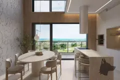 Sala de jantar com cozinha integrada, mesa oval, bancada em mármore e janela com vista para o mar — Bellomonte Residence em Ingleses, Florianópolis