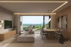 Sala de estar e jantar integradas, sofá branco, mesa com pendentes, rack em madeira e varanda com vista para o mar — Bellomonte Residence em Ingleses, Florianópolis