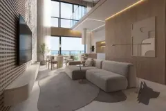 Sala de estar duplex com pé-direito duplo, sofá cinza, parede texturizada e janelas do piso ao teto com vista para o mar — Bellomonte Residence em Ingleses, Florianópolis