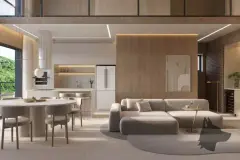 Sala de estar integrada à cozinha com sofá, mesa de jantar, geladeira e adega de vinho — Bellomonte Residence em Ingleses, Florianópolis