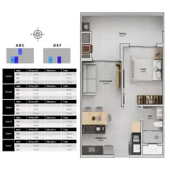 Planta baixa 1 dormitório com terraço de 8,41 m² e tabela de metragens por torre (50 a 57 m²) — Bellomonte Residence em Ingleses, Florianópolis