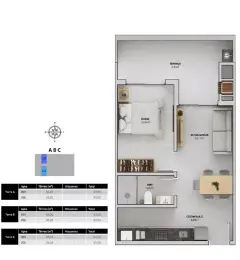 Planta baixa 1 dormitório com terraço de 8,41 m², variante orientação invertida (Torres A, B, C — 57,20 m²) — Bellomonte Residence em Ingleses, Florianópolis