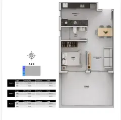 Planta baixa 1 dormitório com terraço de 20,16 m² (Torres A, B, C — 61,55 m²) — Bellomonte Residence em Ingleses, Florianópolis