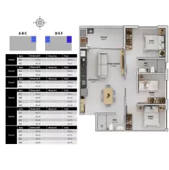 Planta baixa 2 dormitórios com suíte, sacada de 6,02 m² e 2 banheiros (Torres A, B, C, D, E, F — 84 m²) — Bellomonte Residence em Ingleses, Florianópolis