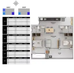 Planta baixa 2 dormitórios com suíte, sacada e 2 banheiros (Torres A, B, C, D, E, F — 64 a 68 m²) — Bellomonte Residence em Ingleses, Florianópolis