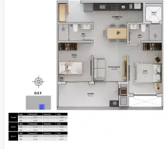 Planta baixa 2 dormitórios com suíte, sacada de 8,13 m² e 2 banheiros (Torres D, E, F — 67,67 m²) — Bellomonte Residence em Ingleses, Florianópolis