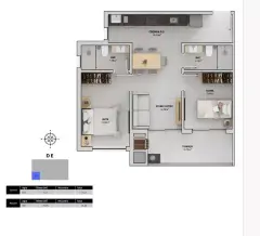 Planta baixa 2 dormitórios com suíte e terraço de 18,79 m² (Torres D, E — 75,35 m²) — Bellomonte Residence em Ingleses, Florianópolis