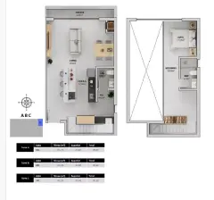 Planta baixa duplex andar inferior com living de 38,6 m², sacada e lavabo (Torres A, B, C — total 85,29 m²) — Bellomonte Residence em Ingleses, Florianópolis