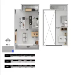 Planta baixa duplex andar inferior com living de 30,27 m², sacada e lavabo (Torres A, B, C — total 76,88 m²) — Bellomonte Residence em Ingleses, Florianópolis