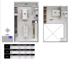 Planta baixa duplex andar inferior com living/cozinha de 35,85 m² e sacada (Torres A, B, C — total 78,88 m²) — Bellomonte Residence em Ingleses, Florianópolis