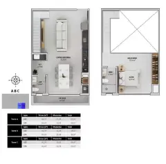 Planta baixa duplex andar inferior com living/cozinha de 35,85 m² e sacada (Torres A, B, C — total 69,87 m²) — Bellomonte Residence em Ingleses, Florianópolis