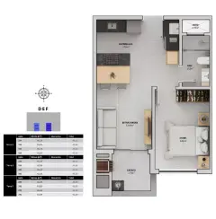 Planta baixa 1 dormitório com sacada de 3,19 m² (Torres D, E, F — 43 a 45 m²) — Bellomonte Residence em Ingleses, Florianópolis