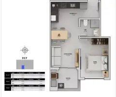 Planta baixa 1 dormitório com sacada de 3,23 m², variante (Torres D, E, F — 43,10 m²) — Bellomonte Residence em Ingleses, Florianópolis