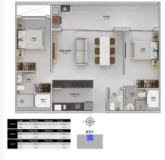Planta baixa 2 suítes com sala e sacada de 13,10 m² (Torres D, E, F — 90,23 m²) — Bellomonte Residence em Ingleses, Florianópolis
