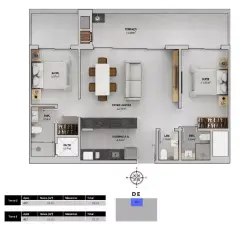 Planta baixa 2 suítes com terraço de 18,44 m² (Torres D, E — 93,32 m²) — Bellomonte Residence em Ingleses, Florianópolis