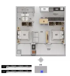 Planta baixa 2 dormitórios com suíte, living e terraço de 13,65 m² (Torres D, E — 77,24 m²) — Bellomonte Residence em Ingleses, Florianópolis