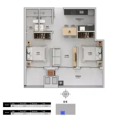 Planta baixa 2 dormitórios com suíte, living e terraço de 12,90 m² (Torres D, E — 70,16 m²) — Bellomonte Residence em Ingleses, Florianópolis