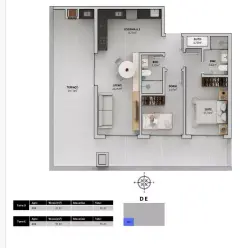 Planta baixa 2 dormitórios com suíte, living e terraço de 39,15 m² (Torres D, E — 95,87 m²) — Bellomonte Residence em Ingleses, Florianópolis
