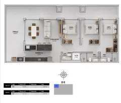 Planta baixa 3 dormitórios com suíte e terraço de 43,84 m² (Torres D, E — 157,78 m²) — Bellomonte Residence em Ingleses, Florianópolis