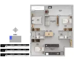 Planta baixa 3 dormitórios com suíte, sacada e 2 banheiros (Torres A, B, C — 81,79 m²) — Bellomonte Residence em Ingleses, Florianópolis