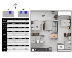 Planta baixa 2 dormitórios com suíte, sacada e 2 banheiros (Torres A, B, C, D, E, F — 67 a 68 m²) — Bellomonte Residence em Ingleses, Florianópolis