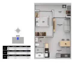 Planta baixa 1 dormitório com sacada de 5,59 m² (Torres A, B, C — 47,10 m²) — Bellomonte Residence em Ingleses, Florianópolis