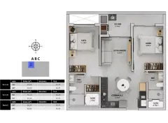 Planta baixa 2 dormitórios com suíte, sacada e 2 banheiros (Torres A, B, C — 66,29 m²) — Bellomonte Residence em Ingleses, Florianópolis