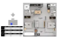 Planta baixa 2 dormitórios com suíte, sacada e 2 banheiros (Torres A, B, C — 66,05 m²) — Bellomonte Residence em Ingleses, Florianópolis