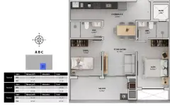 Planta baixa 2 dormitórios com suíte, sacada e 2 banheiros (Torres A, B, C — 67,34 m²) — Bellomonte Residence em Ingleses, Florianópolis