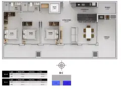 Planta baixa 3 dormitórios com suíte e terraço de 38 m² (Torres B, C — 143 a 144 m²) — Bellomonte Residence em Ingleses, Florianópolis
