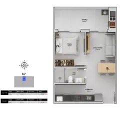 Planta baixa 1 dormitório com terraço de 38,60 m² (Torres B, C — 48 m²) — Bellomonte Residence em Ingleses, Florianópolis