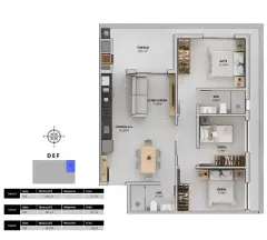 Planta baixa 3 dormitórios com suíte e terraço de 24,67 m² (Torres D, E, F — 100 a 107 m²) — Bellomonte Residence em Ingleses, Florianópolis