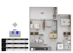 Planta baixa 2 dormitórios com suíte e terraço de 23,25 m² (Torres D, E, F — 77 a 84 m²) — Bellomonte Residence em Ingleses, Florianópolis