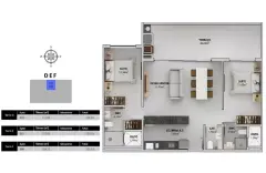 Planta baixa 2 suítes com terraço de 32,80 m² e sala de 23,95 m² (Torres D, E, F — 112 m²) — Bellomonte Residence em Ingleses, Florianópolis