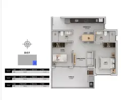 Planta baixa 2 dormitórios com suíte e terraço de 24,84 m² (Torres D, E, F — 81 a 85 m²) — Bellomonte Residence em Ingleses, Florianópolis