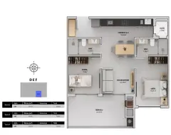 Planta baixa 2 dormitórios com suíte e terraço de 18,59 m² (Torres D, E, F — 75 a 79 m²) — Bellomonte Residence em Ingleses, Florianópolis