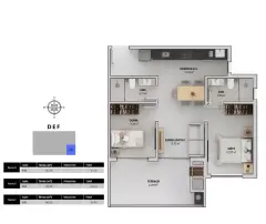 Planta baixa 2 dormitórios com suíte e terraço de 24,84 m², variante (Torres D, E, F — 81,40 m²) — Bellomonte Residence em Ingleses, Florianópolis