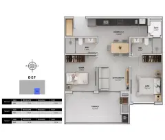 Planta baixa 2 dormitórios com suíte e terraço de 18,59 m², variante (Torres D, E, F — 75 a 79 m²) — Bellomonte Residence em Ingleses, Florianópolis