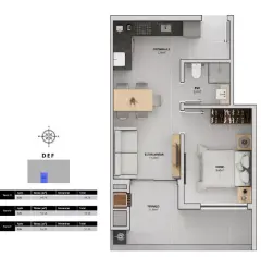 Planta baixa 1 dormitório com terraço de 11,30 m² (Torres D, E, F — 49 a 51 m²) — Bellomonte Residence em Ingleses, Florianópolis