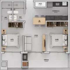 Planta baixa 2 dormitórios com suíte e living de 21,04 m² e terraço de 13,65 m² (Torres D, E — 77,24 m²) — Bellomonte Residence em Ingleses, Florianópolis