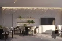 Salão de convivência com sofás brancos, mesas redondas, TV e parede de pedra rústica com prateleiras e plantas — Bellomonte Residence em Ingleses, Florianópolis
