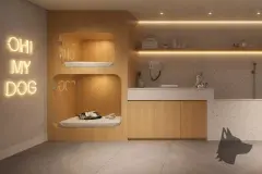 Pet spa com nichos iluminados para pets, bancada de banho em terrazzo, prateleiras e letreiro neon Oh My Dog — Bellomonte Residence em Ingleses, Florianópolis