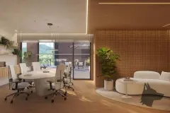 Coworking com mesa de reunião oval, cadeiras giratórias, painel em rattan, sofá e vista para as montanhas — Bellomonte Residence em Ingleses, Florianópolis