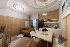 Sala de estar e jantar integrada à cozinha, decoração em madeira clara, sofá caramelo e janela com vista para o mar — Beriyth Residence em Cachoeira do Bom Jesus, Florianópolis
